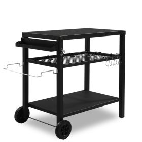 All Black Iron Movable Barbecue Cart With Mesh Basket (Color: Black)